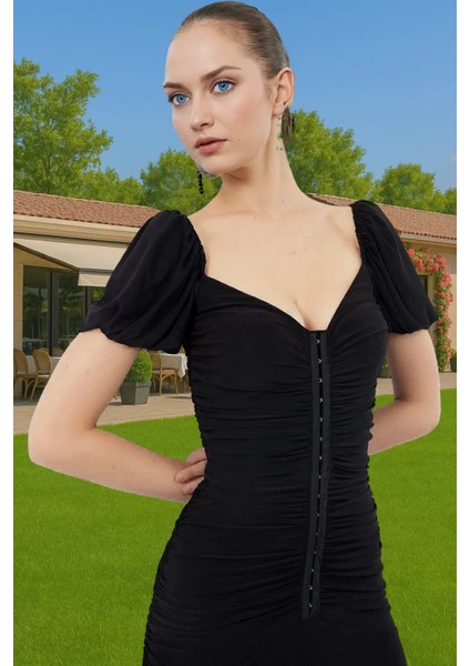 Şık Agraflı Midi Örme Elbise Dar Kalıp Polyester Yazlık Modern Stil Şık Görünüm Zarifane Tasarım