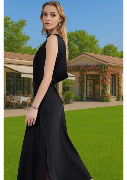 Maxi A Line Bisiklet Yaka Saten Abiye Elbise Polyester Karışımlı Dayanıklı Malzeme Dayanıklı Malzeme