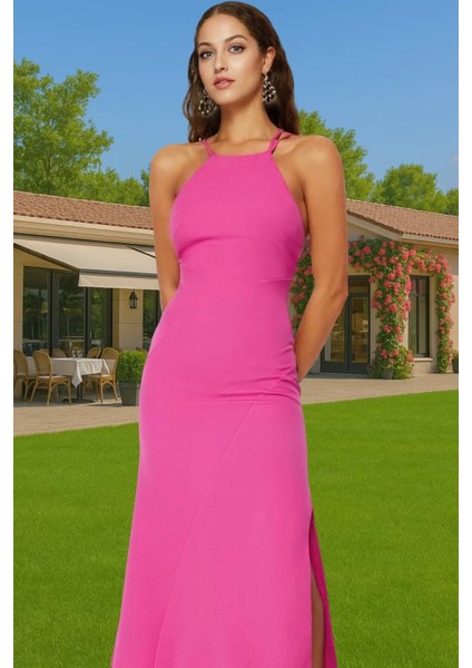 Maxi A Line Halter Yaka Dokuma Abiye Elbise Polyester Karışımlı Yazlık Özel Tasarım Yüksek Kalite