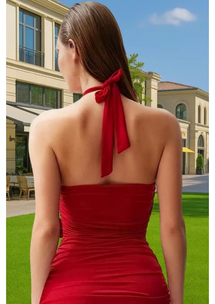 Şık Halter Yaka Kısa Örme Abiye Elbise Yaz Mezuniyet Yüksek Kalite Özenle Seçilmiş Yüksek Kalite modelleri