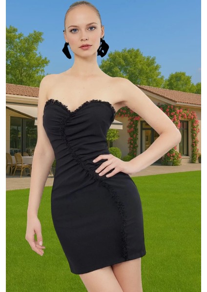 Şık Mini Boy Bodycon Abiye Elbise Püskül Detaylı Polyester Yazlık Özenle Seçilmiş Rahat ve Şık