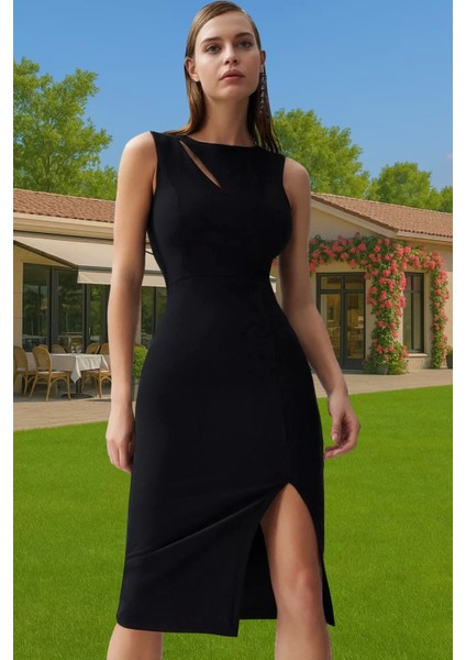 Zarif Midi Boy Bodycon Dokuma Elbise Cut Out Detaylı Modern Stil Modern Stil Rahat ve Şık