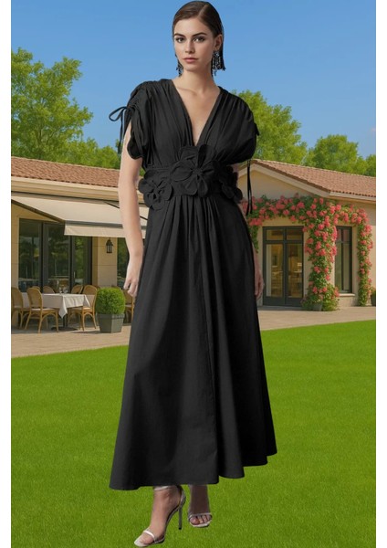 Kadın Poplin Midi Boy Abiye Elbise 3D Çiçek Detaylı V Yaka Konforlu Kesim Premium Kalite