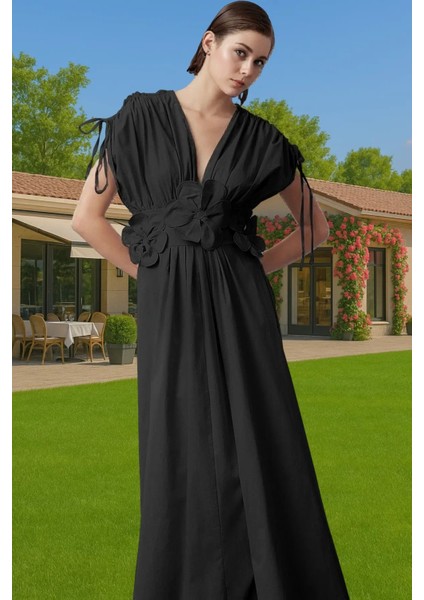 Kadın Poplin Midi Boy Abiye Elbise 3D Çiçek Detaylı V Yaka Konforlu Kesim Premium Kalite fiyatları