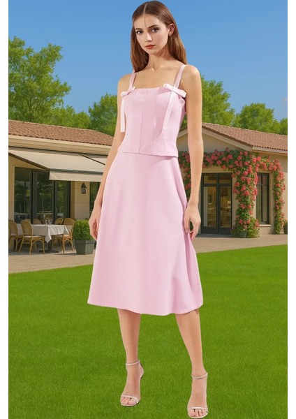 Kadın A Kesim Fiyonk Detaylı Midi Elbise Dokuma Yazlık Mezuniyet Modern Stil Rahat ve Şık