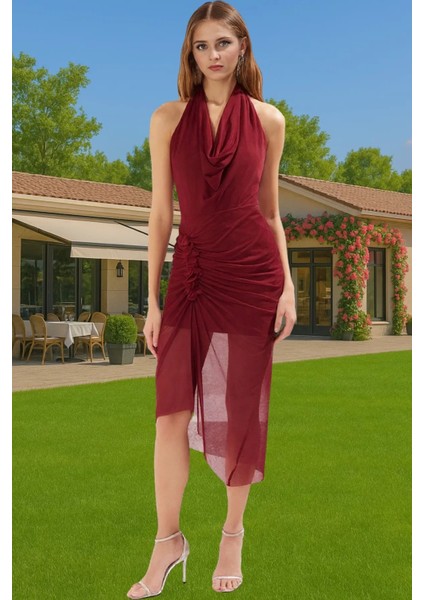 Şık Aksesuarlı Midi Örme Abiye Elbise Tül Astarlı Polyester Yazlık Yüksek Kalite Uzun Ömürlü