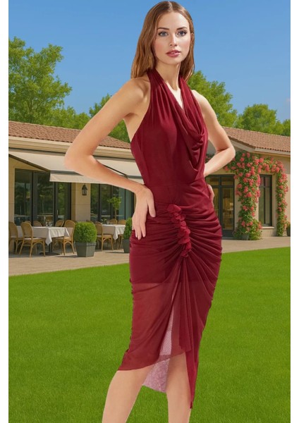 Şık Aksesuarlı Midi Örme Abiye Elbise Tül Astarlı Polyester Yazlık Yüksek Kalite Uzun Ömürlü fiyatları