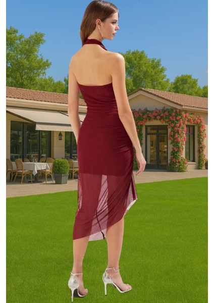 Şık Aksesuarlı Midi Örme Abiye Elbise Tül Astarlı Polyester Yazlık Yüksek Kalite Uzun Ömürlü modelleri