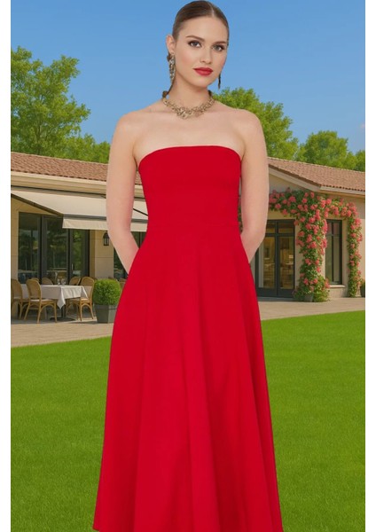 Straplez A Kesim Midi Boy Dokuma Abiye Elbise Yaz Koleksiyonu Premium Kalite Profesyonel Görünüm