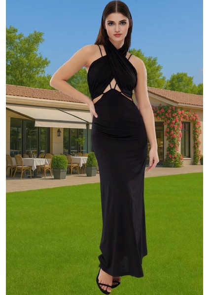 Örme Abiye Elbise Halter Yaka Midi Boy Polyester Karışımlı Yazlık Mükemmel Uyum Özenle Seçilmiş
