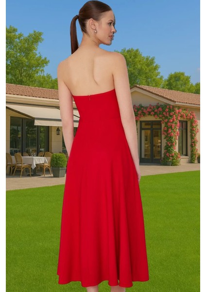 Straplez A Kesim Midi Boy Dokuma Abiye Elbise Yaz Koleksiyonu Premium Kalite Profesyonel Görünüm modelleri