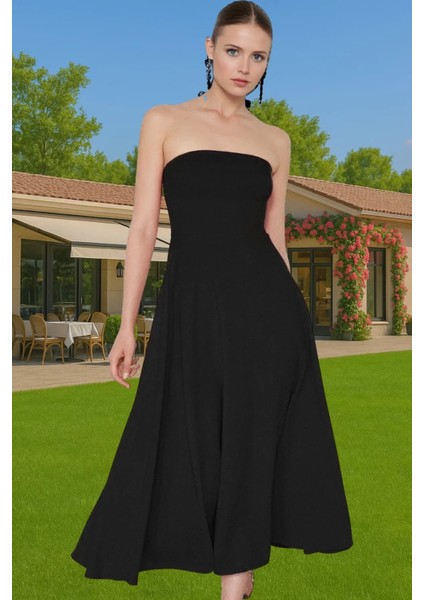 Straplez A Kesim Midi Boy Dokuma Abiye Elbise Yaz Koleksiyonu Premium Kalite Profesyonel Görünüm