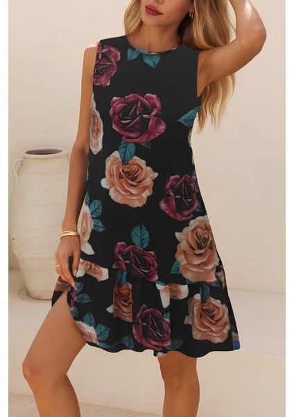 Kadın Kolsuz Sırttan Bağlamalı Fırfırlı Leopar Desenli Süprem Elbise