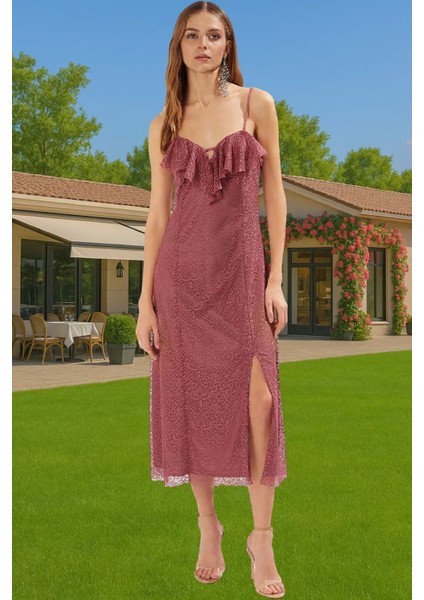 Şık Dantel Örme Midi Abiye Elbise Volanlı Astarlı Yazlık Mükemmel Uyum Kaliteli Işçilik
