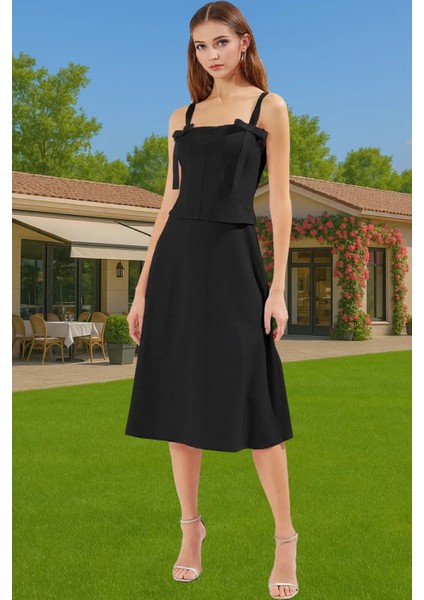 Kadın A Kesim Fiyonk Detaylı Midi Elbise Dokuma Yazlık Mezuniyet Modern Stil Rahat ve Şık