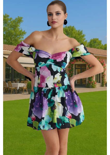 Şık Çiçekli Poplin Mini Elbise Yazlık Balo Mezuniyet Modern Stil Seçkin Malzeme Premium Kalite