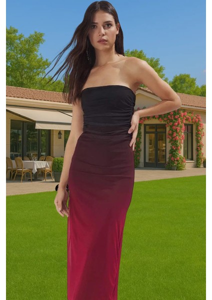 Degrade Tül Midi Elbise Bodycon Kalıp Örme Kumaş Yazlık Balo Elbise Mükemmel Uyum Premium Kalite