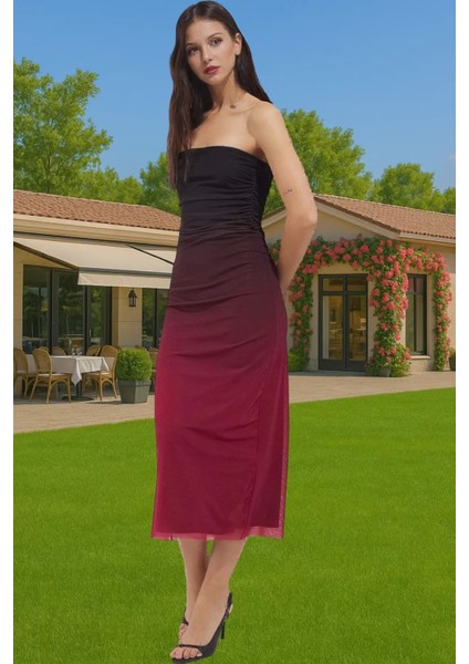 Degrade Tül Midi Elbise Bodycon Kalıp Örme Kumaş Yazlık Balo Elbise Mükemmel Uyum Premium Kalite