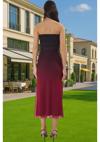 Degrade Tül Midi Elbise Bodycon Kalıp Örme Kumaş Yazlık Balo Elbise Mükemmel Uyum Premium Kalite