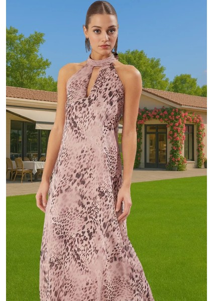 Şifon Midi Abiye Elbise Halter Yaka Desenli Astarlı Yazlık Günlük Kullanım Için Özenle Seçilmiş fiyatları