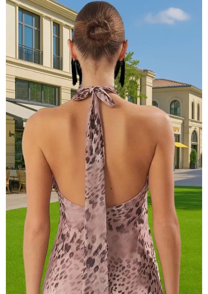 Şifon Midi Abiye Elbise Halter Yaka Desenli Astarlı Yazlık Günlük Kullanım Için Özenle Seçilmiş modelleri