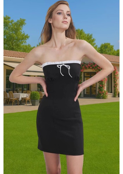 Mini Bodycon Abiye Elbise Bağcıklı Detay Dokuma Kumaş Yazlık Seçkin Malzeme Özel Tasarım