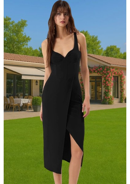 Kadın Bodycon Midi Elbise Örme Kumaş Büzgü Detaylı Mezuniyet Elbisesi Dayanıklı Malzeme
