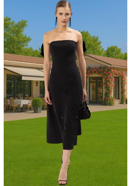 Midi Boy Beyaz Abiye Elbise Taş Detaylı Dokuma Yazlık Dayanıklı Malzeme Kaliteli Işçilik Şık Görünüm