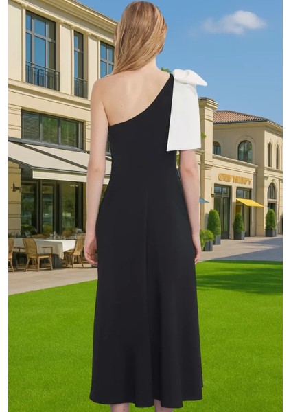 Tek Omuzlu Fiyonklu Midi Abiye Elbise Dokuma Kumaş Mezuniyet Elbisesi Şık Görünüm Şık Görünüm modelleri