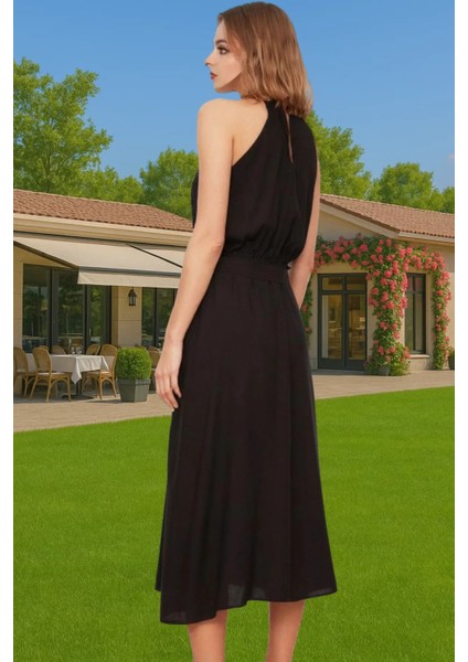 A Kesim Halter Yaka Midi Viskoz Elbise Kuşaklı Günlük Yaz Günlük Kullanım Için Trend Tasarım modelleri