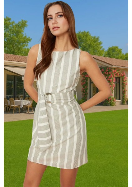Şık Keten Dokulu Çizgili Mini Elbise Kemerli Viskoz Karışımlı Yazlık Özel Tasarım Modern Stil