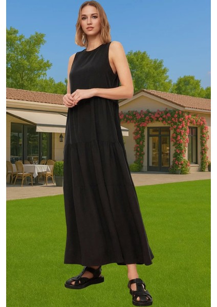 Şık Maxi Boy Kolsuz Viskoz Dokuma Elbise Rahat Günlük Stil Seçkin Malzeme Şık Görünüm Özel Tasarım