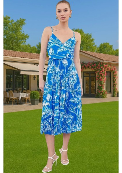 Pileli Midi Elbise Polyester Örme Yazlık Günlük Şık Özenle Seçilmiş Modern Stil Zarifane Tasarım