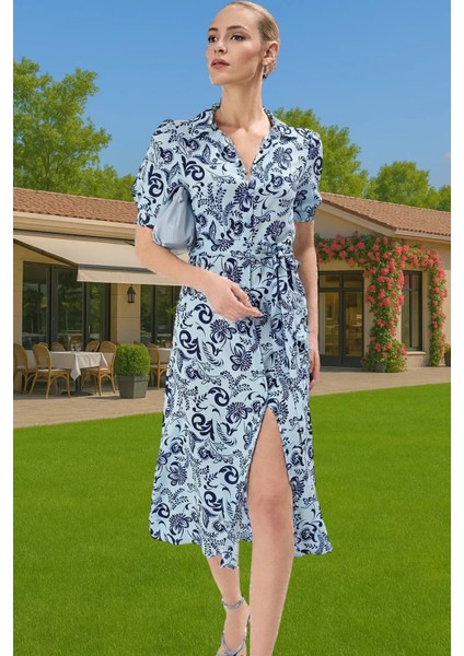 Kadın Midi Boy Gömlek Elbise Animal Desenli Viskoz Kumaş Günlük Stil Modern Stil