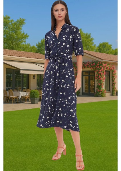 Kadın Midi Boy Gömlek Elbise Animal Desenli Viskoz Kumaş Günlük Stil Modern Stil