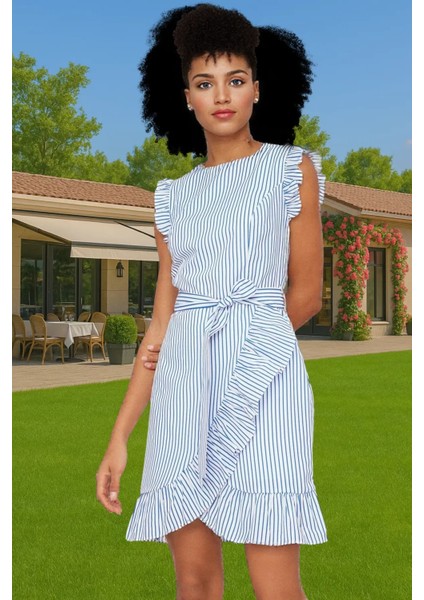 Çizgili Mini Poplin Elbise A Line Bel Kuşağı Yazlık Günlük Rahat Kullanım Özenle Seçilmiş