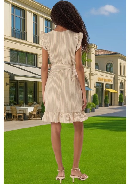 Çizgili Mini Poplin Elbise A Line Bel Kuşağı Yazlık Günlük Rahat Kullanım Özenle Seçilmiş modelleri