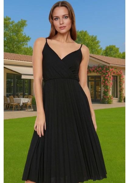 Pileli Midi Elbise Polyester Örme Yazlık Günlük Şık Özenle Seçilmiş Modern Stil Zarifane Tasarım