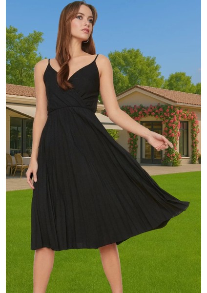 Pileli Midi Elbise Polyester Örme Yazlık Günlük Şık Özenle Seçilmiş Modern Stil Zarifane Tasarım