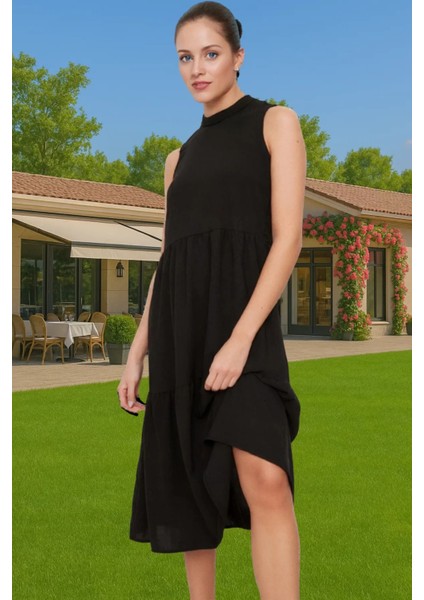 Kadın Midi Boy Shift Elbise Polyester Dokuma Kumaş Günlük Tarz Konforlu Kesim Mükemmel Uyum