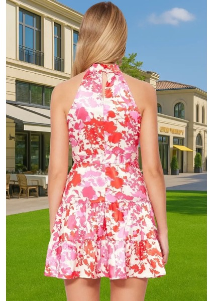 Kadın Çiçek Desenli Halter Yaka Mini Saten Elbise Yazlık Günlük Premium Kalite Mükemmel Uyum modelleri
