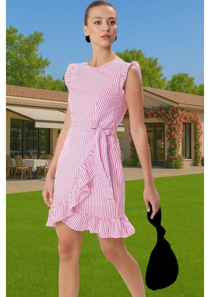 Çizgili Mini Poplin Elbise A Line Bel Kuşağı Yazlık Günlük Rahat Kullanım Özenle Seçilmiş
