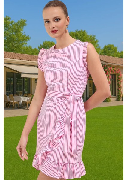 Çizgili Mini Poplin Elbise A Line Bel Kuşağı Yazlık Günlük Rahat Kullanım Özenle Seçilmiş