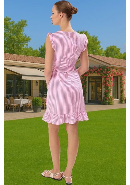 Çizgili Mini Poplin Elbise A Line Bel Kuşağı Yazlık Günlük Rahat Kullanım Özenle Seçilmiş