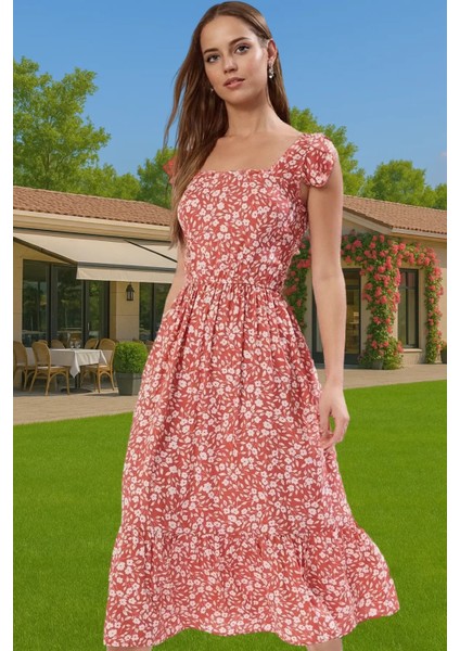 Çiçek Desenli A Kesim Midi Viskoz Elbise Büzgülü Kolsuz Yazlık Dayanıklı Malzeme Profesyonel Görünüm