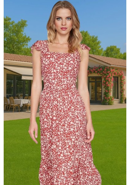 Çiçek Desenli A Kesim Midi Viskoz Elbise Büzgülü Kolsuz Yazlık Dayanıklı Malzeme Profesyonel Görünüm modelleri