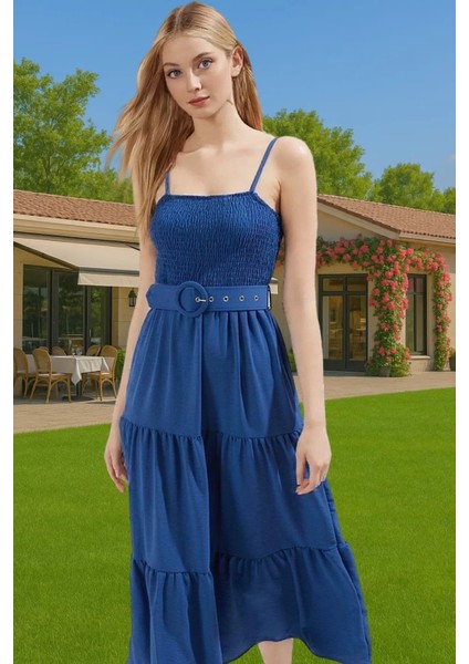 Kadın Midi Boy Askılı Pileli Bel Kemerli Polyester Günlük Elbise Profesyonel Görünüm Özenle Seçilmiş