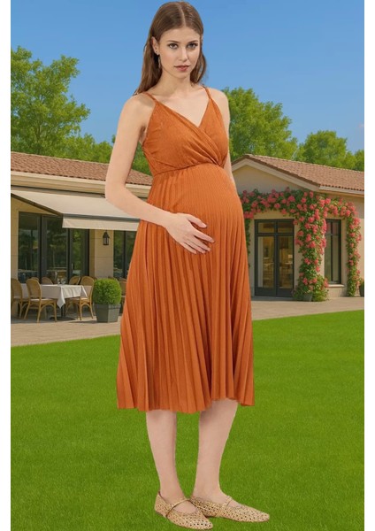 Pileli Midi Elbise Polyester Örme Yazlık Günlük Şık Özenle Seçilmiş Modern Stil Zarifane Tasarım