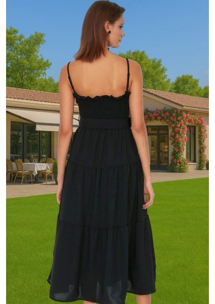 Kadın Midi Boy Askılı Pileli Bel Kemerli Polyester Günlük Elbise Profesyonel Görünüm Özenle Seçilmiş modelleri