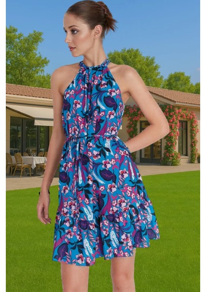 Çiçekli Desenli Mini Şifon Elbise Düz Kesim Halter Yaka Yazlık Modern Stil Günlük Kullanım Için
